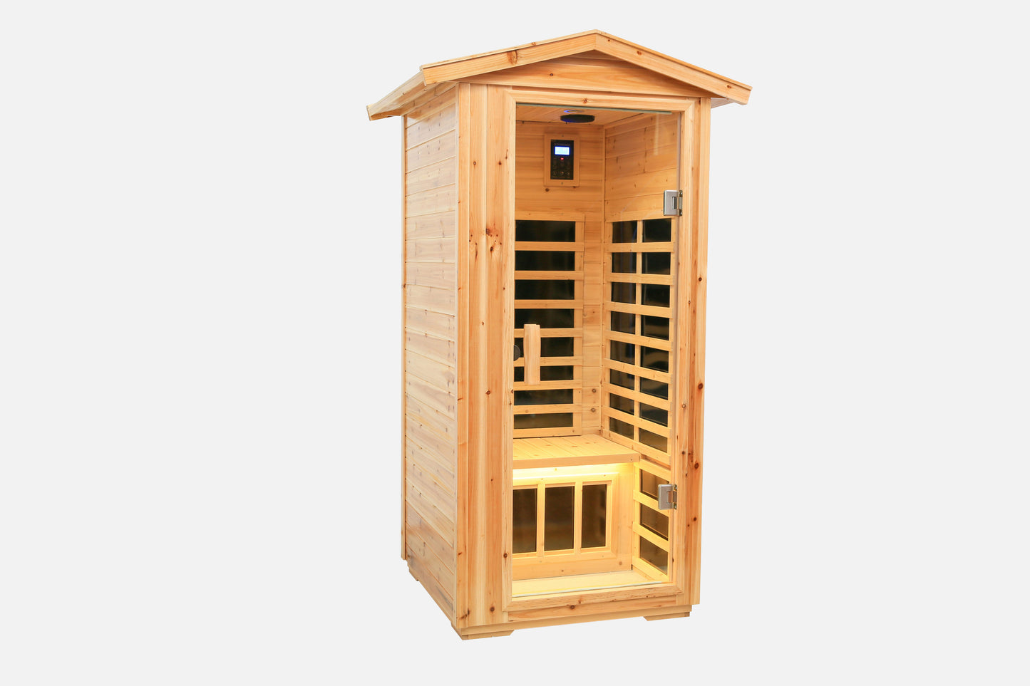 1 Person Outdoor Far Infrared Sauna in Old Fir, LED and Bluetooth