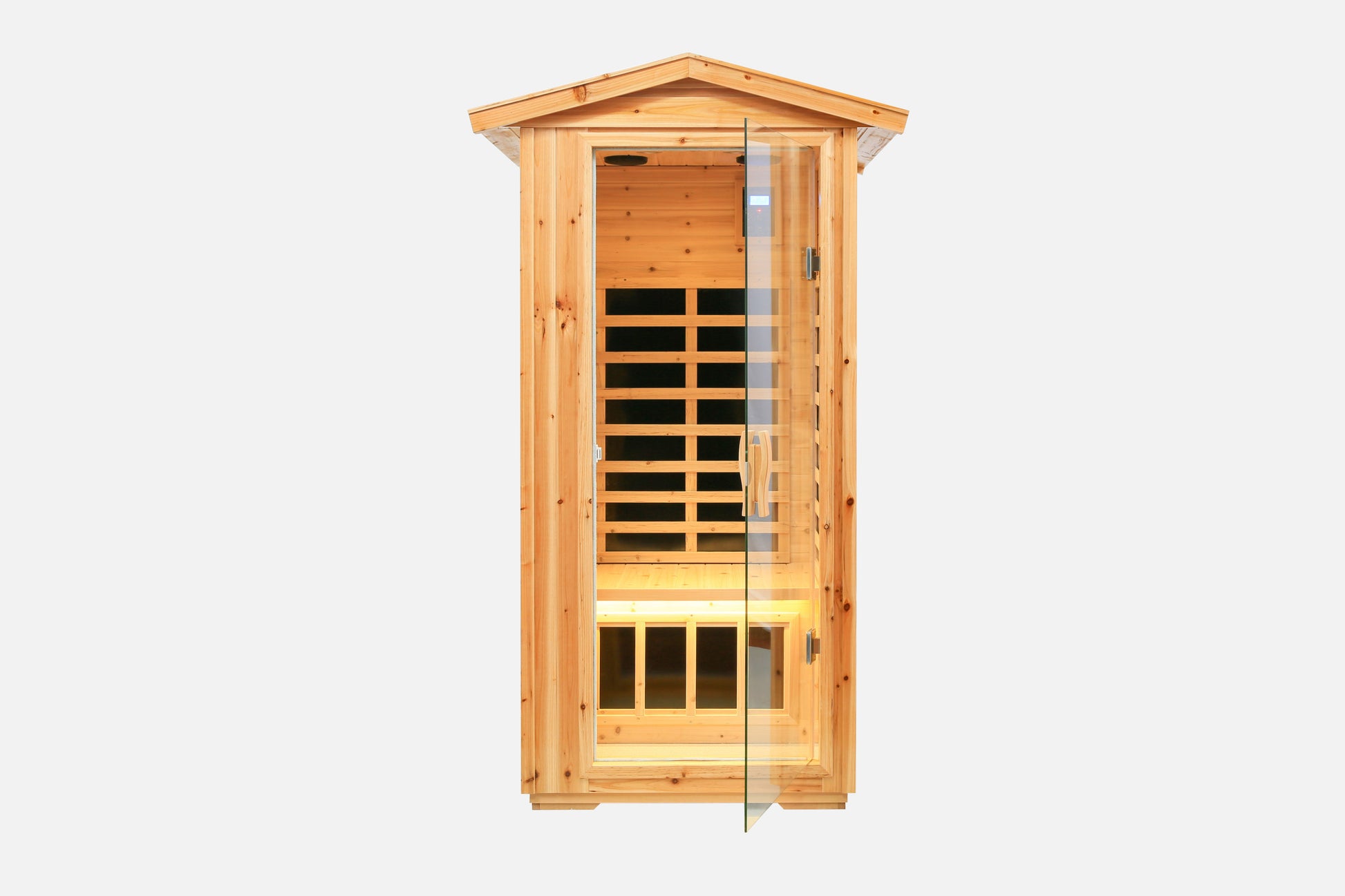 1 Person Outdoor Far Infrared Sauna in Old Fir, LED and Bluetooth