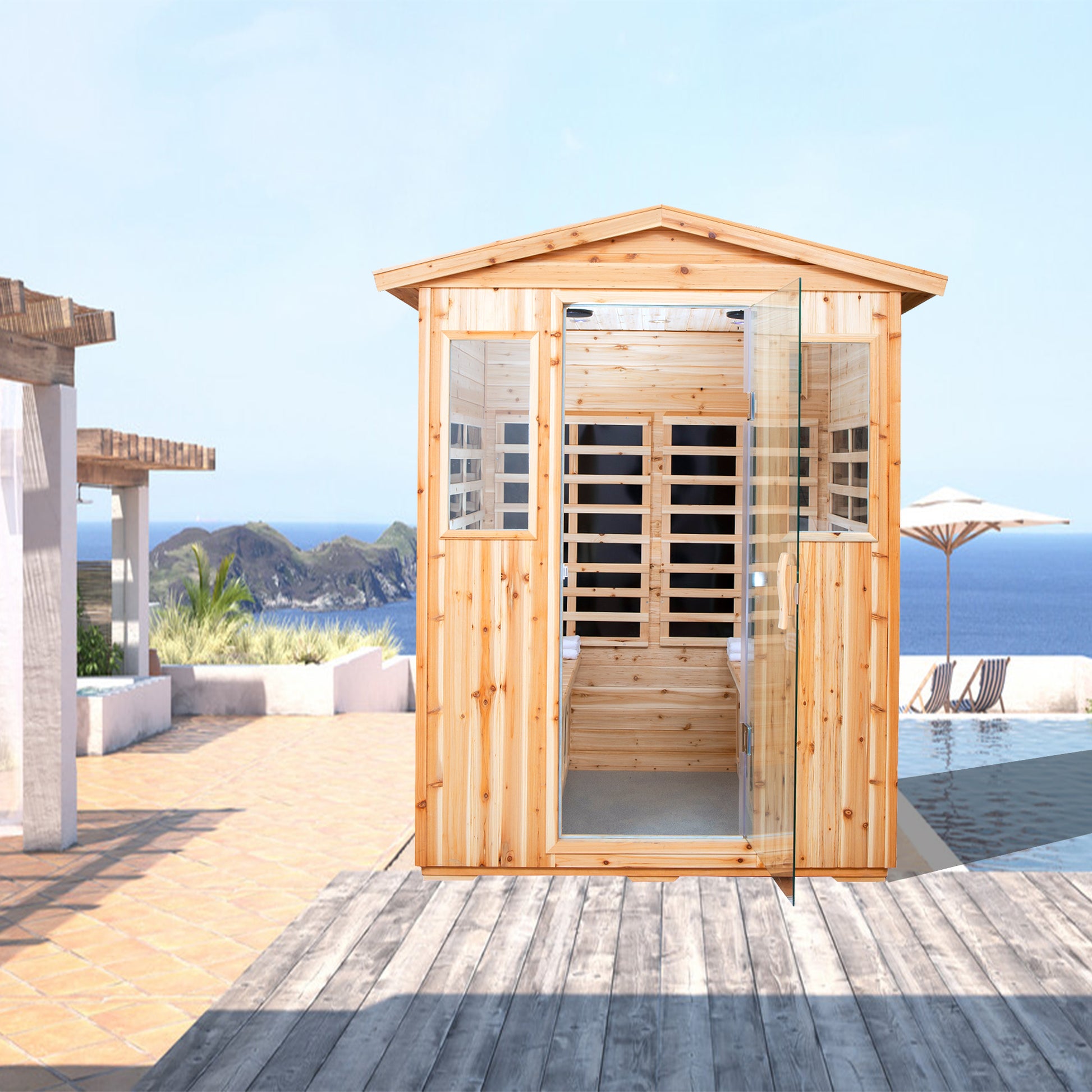 4 Person Outdoor Infrared Sauna, Old Fir with Bluetooth and LED