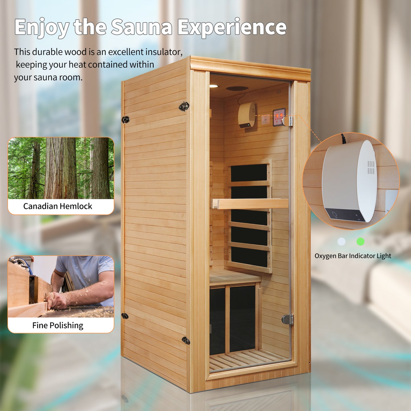 1 Person Far Infrared Sauna for Home, Personal Hemlock Sauna with Bluetooth