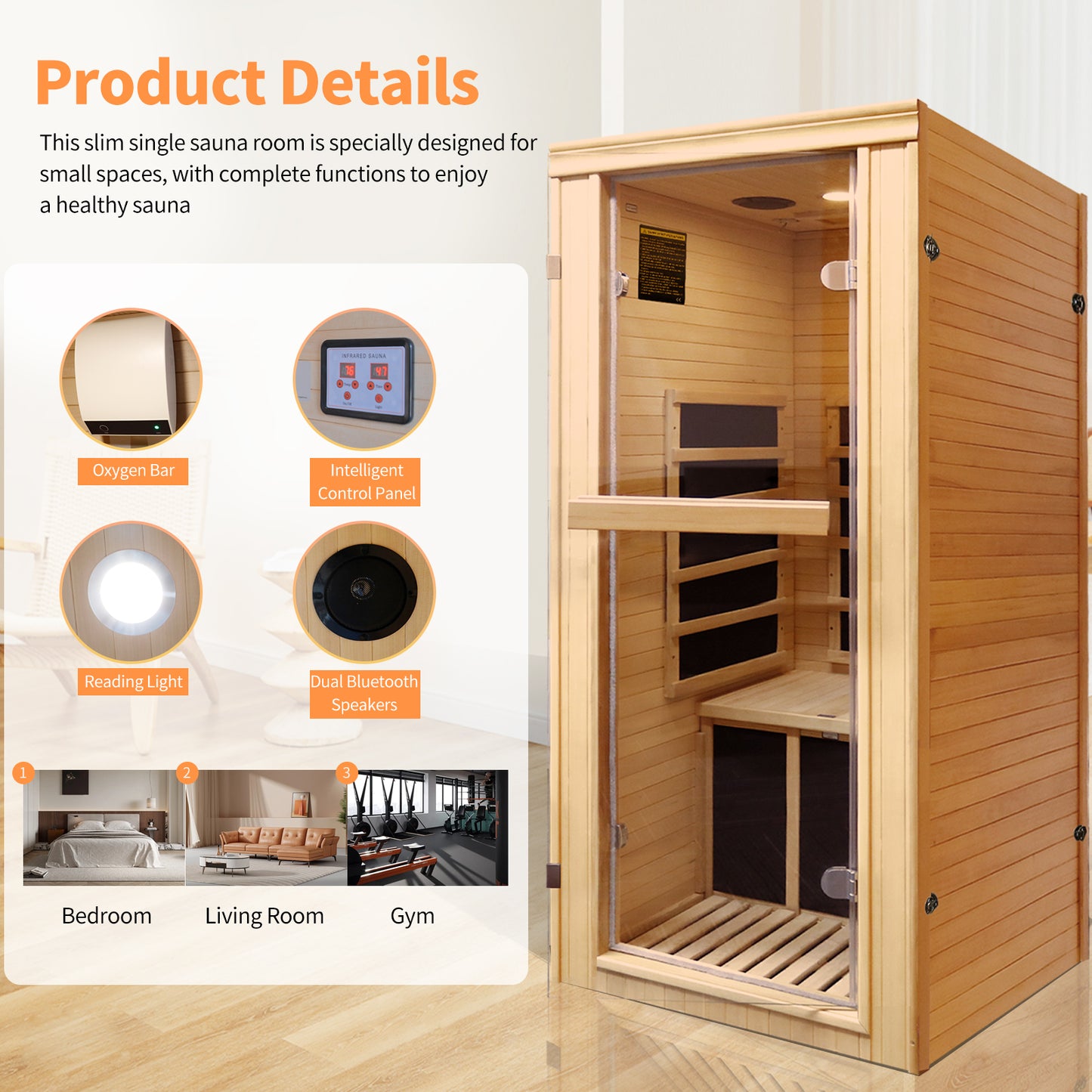 1 Person Far Infrared Sauna for Home, Personal Hemlock Sauna with Bluetooth